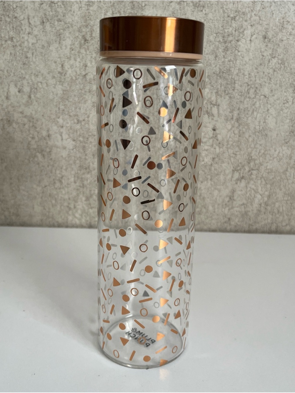 Glass Water Bottle Metallic Rose Gold Top & Geometric Designs Plum & Punch